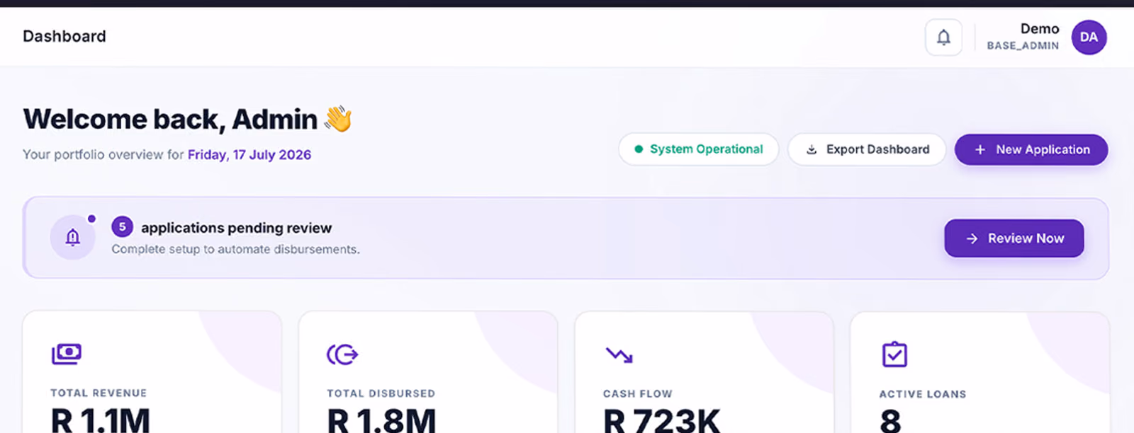 Lender dashboard header with pending applications, total revenue, total disbursed, cash flow and active loans.