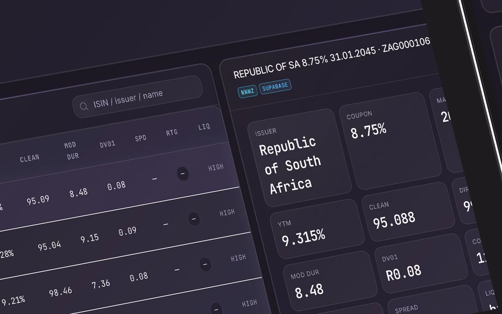 Bond screen listing government bonds with yields, modified duration and liquidity.