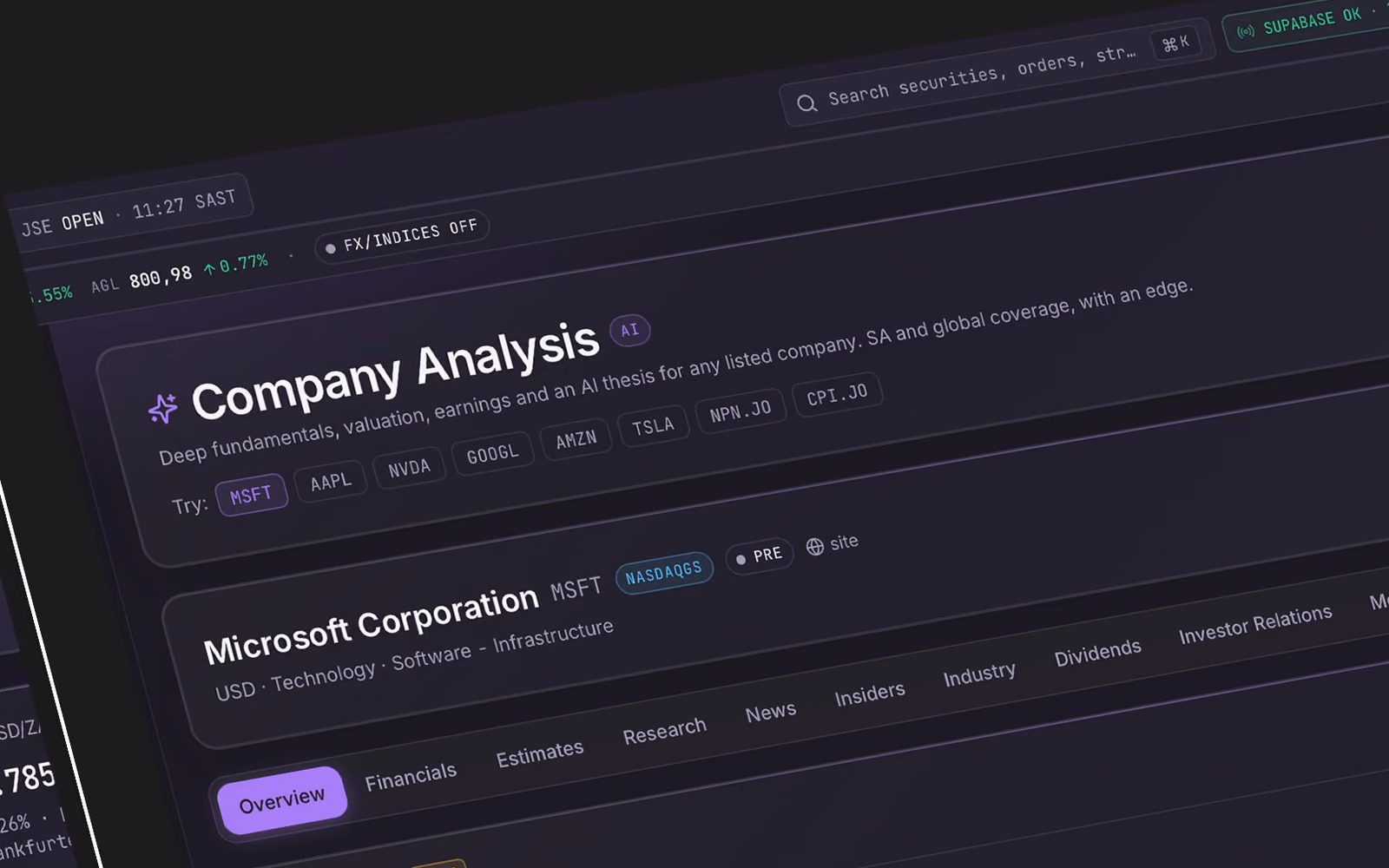Company analysis view with price history, five-year return and fundamentals tabs.