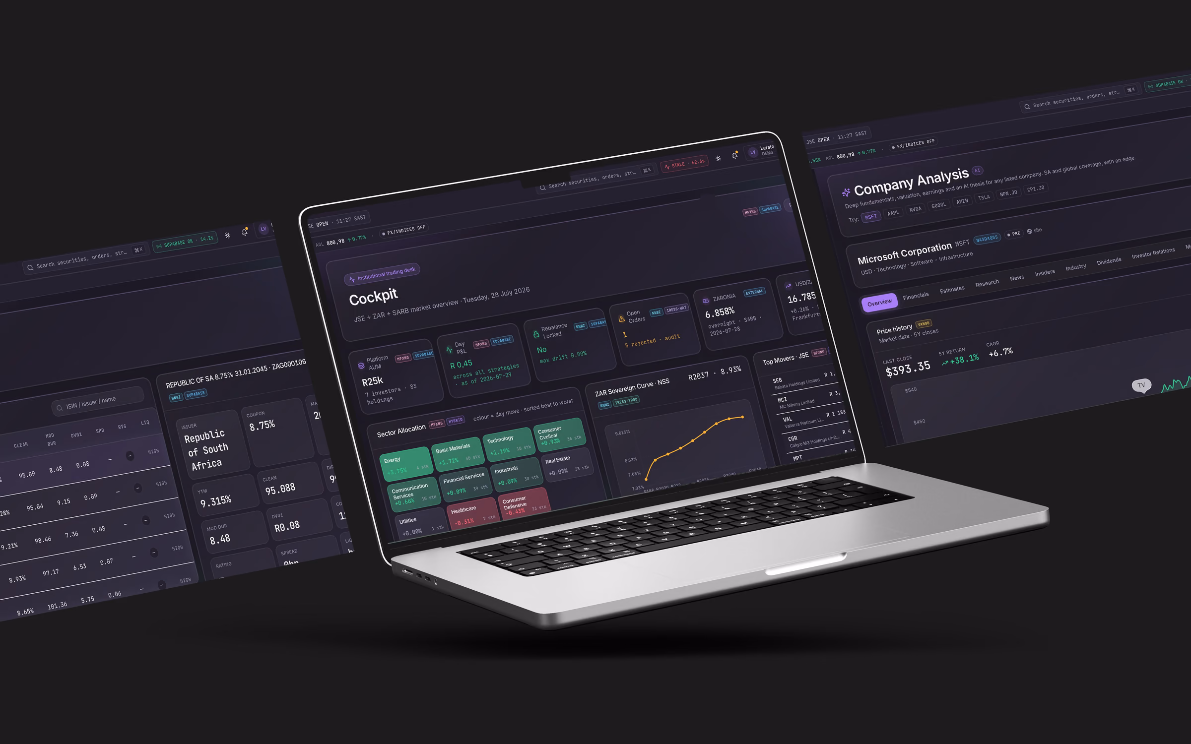 Trading cockpit on a laptop showing platform overview, sector allocation and the sovereign yield curve.